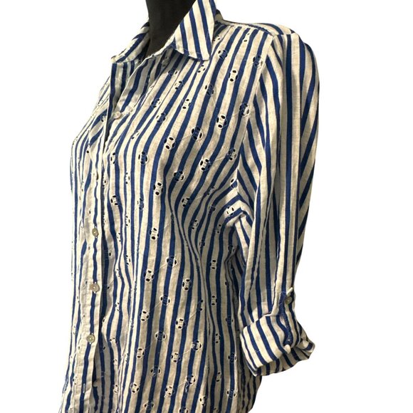 Chicos Womens Blue & White Striped Button-Up Shirt With Embroidery- size 2 - Picture 3 of 5